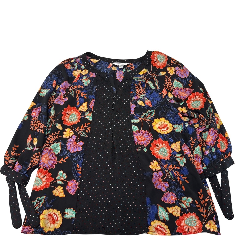 Counterparts Womens Floral Polka Dot Mixed Print Blouse 3/4 Tie Sleeve Black L